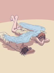  1boy 1girl angel angel_devil's_lover angel_devil_(chainsaw_man) angel_wings brown_hair chainsaw_man couple crossed_arms crossed_legs dark-skinned_female dark_skin facial_tattoo halo hand_in_own_hair light_smile lying nejiaji resting simple_background spoilers tattoo wings 
