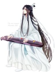  1boy black_hair boots chinese_clothes closed_mouth commentary_request full_body ginkgo_leaf guqin hair_ribbon half_updo hanfu headband highres holding instrument instrument_on_lap invisible_chair kanda_faf2 lan_wangji leaf long_hair long_sleeves looking_to_the_side male_focus maple_leaf modao_zushi music on_lap playing_instrument profile ribbon robe sidelocks simple_background sitting smile solo tassel topknot twitter_username very_long_hair wangji_guqin watermark white_background white_boots white_hanfu white_headband wide_sleeves xiao_guan_(headdress) yellow_eyes 