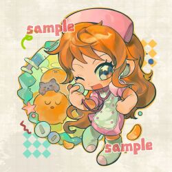  1girl a_dong1987 animal apron black_cat blush brown_eyes cat dress english_commentary food fruit full_body hand_on_own_hip hat highres holding holding_stethoscope long_hair looking_at_viewer mandarin_orange nami_(one_piece) nurse nurse_cap one_eye_closed one_piece open_mouth orange_hair pink_dress puffy_short_sleeves puffy_sleeves sample_watermark short_sleeves solo star_(symbol) star_in_eye stethoscope symbol_in_eye syringe watermark wavy_hair white_apron 