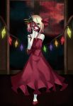  blonde_hair domino_mask dress flandre_scarlet grin holding mask mask_removed orgia red_eyes smile solo touhou window wings 