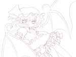  absurdres bat_wings chair dress grin hat highres lineart looking_at_viewer monochrome petals remilia_scarlet ribbon sitting smile solid_black_thumbnail solo touhou transparent_background window wings yume_shokunin 