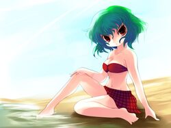  barefoot beach bikini bikini_skirt breasts green_hair highres kazami_yuuka looking_at_viewer plaid plaid_skirt red_eyes sitting skirt solo swimsuit touhou youkai yume_shokunin 