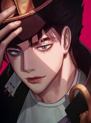  1boy absurdres adjusting_clothes adjusting_headwear bishounen black_hair black_hat blue_eyes earrings fingernails gakuran grey_shirt hashtag-only_commentary hat high_collar highres hongtami jewelry jojo_no_kimyou_na_bouken kujo_jotaro lips male_focus peaked_cap school_uniform shirt solo stardust_crusaders stud_earrings 