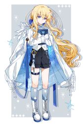  1boy absurdres aged_down black_shorts blonde_hair blue_bow blue_eyes blue_socks book boots bow chinese_commentary closed_mouth coat coat_on_shoulders commentary_request drop_shadow fate/grand_order fate_(series) feathers frilled_sleeves frills full_body garter_straps gloves grey_background hair_between_eyes hair_bow highres holding holding_book kirschtaria_wodime kneehighs lace-up_boots long_hair long_sleeves looking_at_viewer male_focus ponytail shirt shorts signature simple_background single_garter_strap socks solo sparkling_eyes standing star_(symbol) sunfish3939 thigh_strap two-sided_coat two-sided_fabric two-tone_background white_background white_boots white_coat white_feathers white_gloves white_shirt 