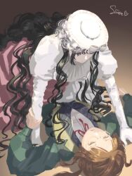  2girls black_hair bow brown_background brown_hair dress eye_contact face-to-face glasses gown green_eyes green_jacket hashtag-only_commentary hat hat_bow highres holding_another's_arm isolde_(reverse:1999) jacket juliet_sleeves kakania_(reverse:1999) long_hair long_sleeves looking_at_another lying multiple_girls neck_ribbon on_back pinned puffy_sleeves red_ribbon reverse:1999 ribbon shirt si'er'er'er veil wavy_hair white_bow white_dress white_hat white_shirt white_veil yukadon yuri 