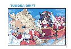  3girls animal_ears black_hair blonde_hair blue_eyes closed_eyes closed_mouth commentary ear_covers english_commentary forehead gloves haru_urara_(umamusume) hat highres horse_ears horse_girl horse_tail long_sleeves multiple_girls open_mouth original outdoors pink_hair rice_shower_(umamusume) rope running santa_costume santa_hat senketsu05 sleigh snow snowman sweat tail tan tracen_training_uniform umamusume violet_eyes white_gloves 