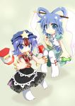  blue_eyes blue_hair eating food highres jiangshi kaku_seiga looking_at_viewer miyako_yoshika multiple_girls outstretched_arms pocky sudo_shinren touhou zombie_pose 