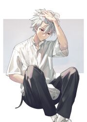  1boy black_pants closed_mouth collared_shirt commentary feet_out_of_frame hand_on_own_head highres invisible_chair looking_to_the_side male_focus nagisa_kaworu neon_genesis_evangelion pants red_eyes shirt sitting socks solo symbol-only_commentary wayd_(lei_ke_ya_wei_ke) white_shirt white_socks 