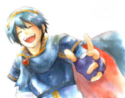  1boy :d blue_hair closed_eyes commentary_request fingerless_gloves fire_emblem fire_emblem:_mystery_of_the_emblem gloves kitsukit male_focus marth_(fire_emblem) open_mouth short_hair smile solo teeth tiara upper_teeth_only 