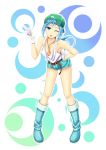 1girl :p alternate_costume bare_shoulders belt blue_hair boots breasts cleavage crescent crescent_moon denim denim_shorts gloves green_eyes hand_on_hip hat highres kawashiro_nitori key moon rubber_boots short_hair shorts smile solo tank_top tongue tongue_out touhou white_gloves 
