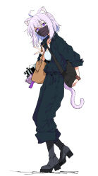  1girl ahoge alternate_costume animal_ear_fluff animal_ears bag black_jacket black_mask black_pants boots breasts cat_ears cat_girl cat_tail character_charm charm_(object) commentary covered_mouth from_side full_body grey_boots handbag henriiku_(ahemaru) highres hololive jacket looking_at_viewer mask medium_breasts mouth_mask nail_polish nekomata_okayu okanyan_(nekomata_okayu) onigirya_(nekomata_okayu) open_clothes open_jacket pants platform_boots purple_hair purple_nails scrunchie shirt short_hair shoulder_bag simple_background solo standing tail v violet_eyes virtual_youtuber white_background white_shirt wrist_scrunchie 