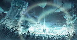  absurdres aqua_theme artist_name aurora clouds commentary_request glint grass highres night no_humans original rock scenery sky star_(sky) starry_sky teardrops_(user_vgvd7733) whale 