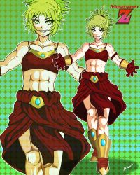  1girl abs absurdres armband artist_name bandeau belt blue_gem boots bracer braid broly_(dragon_ball_z) broly_(dragon_ball_z)_(cosplay) character_name clothes_around_waist commentary copyright_name cosplay crossover dclaret dragon_ball dragon_ball_z english_commentary facing_viewer fang fate/apocrypha fate/grand_order fate_(series) full_body fusion gem gloves gold_belt gold_boots gold_bracer gold_necklace gradient_background green_background green_eyes green_hair hair_between_eyes hair_ornament hair_scrunchie half_up_braid highres jewelry legendary_super_saiyan midriff mordred_(fate) mordred_(fate/apocrypha) muscular muscular_arms muscular_female navel necklace outline outstretched_arms pelvic_curtain polka_dot polka_dot_background red_armband red_bandeau red_gloves red_rope red_scrunchie red_skirt rope scrunchie shadow signature skirt smirk solo spread_arms super_saiyan tan white_outline zoom_layer 