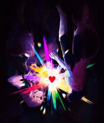  1girl 2others absurdres aqua_skin armlet armor belt_buckle black_bodysuit black_jacket blue_hair bodysuit bracelet buckle cape colored_skin colored_teeth couter deltarune diffraction_spikes falling furry furry_female gauntlets glowing heart highres jacket jewelry kris_(dark_world)_(deltarune) kris_(deltarune) long_hair medium_hair messy_hair multiple_others pants pink_cape pink_scales pink_skin purple_hair purple_pants reptile_girl sharp_teeth sleeveless sleeveless_jacket soul_(deltarune) spiked_armlet spiked_bracelet spikes susie_(dark_world)_(deltarune) susie_(deltarune) teeth theboatlord upside-down utdr_(toby_fox) yellow_teeth 