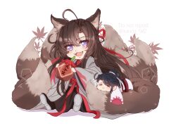  2boys :3 :d aged_down ahoge alcohol animal_ear_fluff animal_ears black_boots black_hair black_hanfu blush boots brown_hair chibi chibi_only child chinese_clothes closed_eyes coat commentary_request drinking drinking_straw fangs fox_boy fox_ears fox_tail full_body grey_coat hair_between_eyes hair_down hair_ribbon half_updo hanfu holding holding_jug jug_(bottle) kanda_faf2 kemonomimi_mode kitsune kyuubi lan_sizhui lan_sizhui_(young) leaf liquor long_hair long_sleeves looking_at_viewer lying male_focus maple_leaf modao_zushi multiple_boys multiple_tails official_alternate_costume official_alternate_hairstyle on_stomach open_clothes open_coat open_mouth ponytail red_ribbon red_sash ribbon robe saliva sash shoe_soles simple_background sitting sleeping smile solo_focus tail twitter_username very_long_hair violet_eyes wei_wuxian wei_wuxian_(yiling_laozu) white_background white_hanfu white_ribbon wide_sleeves 