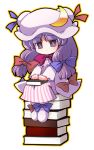  akase_rai book bow chibi crescent dress hair_bow hat long_hair outline patchouli_knowledge purple_eyes purple_hair simple_background sitting solo striped striped_dress touhou vertical_stripes violet_eyes white_background 