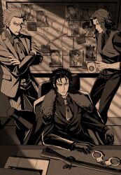  3boys bevel collared_shirt commentary_request computer crossed_arms cuffs cup fate/grand_order fate_(series) forked_eyebrows gun handcuffs highres hijikata_toshizou_(fate) holding holding_cup laptop looking_at_viewer male_focus mature_male mouth_hold mug multiple_boys nagakura_shinpachi_(fate) necktie rifle saitou_hajime_(fate) sepia shirt sitting stalk_in_mouth vest weapon 