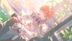  1boy animal_on_shoulder arm_up asymmetrical_shirt bird bird_on_shoulder blonde_streaks blue_bird brooch cake chair checkerboard_cookie chocolate collared_shirt colorful_palette cookie cup cupcake dappled_sunlight drinking_glass dutch_angle earrings flower flower_brooch food food-themed_earrings food-themed_ornament funsai_seyo!_unvalentine_no_fukushuu_(project_sekai) game_cg gem gloves gold_trim green_eyes grey_pants grey_shirt heart heart_brooch herb highres holding holding_chocolate holding_cup holding_food imminent_eating jacket jewelry lapels leaf looking_at_animal lower_teeth_only male_focus monocle multicolored_hair necktie nose_pads official_alternate_costume official_alternate_hairstyle official_art open_mouth orange_hair pants peaked_lapels pink_flower project_sekai red_gem rose semi-rimless_eyewear shinonome_akito shirt sitting solo streaked_hair striped_clothes sunlight table teacup teapot teeth third-party_source tree under-rim_eyewear vertical-striped_clothes vertical-striped_collar vertical-striped_necktie white_flower white_gloves white_jacket white_necktie white_rose yellow_flower yellow_rose 