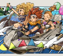  1boy 2girls arm_warmers artist_name ayla_(chrono_trigger) balloon bare_arms bare_shoulders bird blonde_hair blue_eyes blue_tunic bottle candy cavewoman chrono_trigger closed_eyes commentary_request confetti crono_(chrono_trigger) curly_hair epoch fake_tail flying food forehead headband highres holding holding_bottle holding_candy holding_food holding_lollipop island katana lollipop long_hair looking_at_viewer marle_(chrono_trigger) multiple_girls ocean open_mouth outdoors ponytail red_hair revision shadow short_hair sitting spacecraft spiky_hair sword tail teeth toned toned_male tunic upper_body upper_teeth_only uzutanco v-shaped_eyebrows weapon white_bird white_headband wine_bottle 