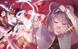  2girls absurdres anger_vein animal_ears arnold_fland ascot between_fingers bishamonten's_pagoda blush bow brown_hair capelet closed_eyes commission detached_sleeves facing_viewer frilled_bow frilled_hair_tubes frills gohei grey_capelet hair_bow hair_tubes hakurei_reimu hand_on_own_face highres holding holding_gohei holding_ofuda jujutsu_kaisen long_hair long_sleeves medium_hair meme mouse_ears mouse_girl multiple_girls naoya_hitting_choso_without_looking_(meme) nazrin ofuda ofuda_between_fingers open_mouth parody red_bow red_skirt ribbon-trimmed_sleeves ribbon_trim skirt skirt_set smile spoken_anger_vein touhou ufo watermark yellow_ascot 