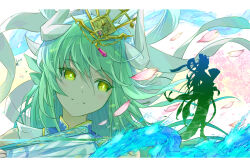  1girl bare_shoulders blue_dress breasts bright_pupils dragon_girl dragon_horns dress fate/grand_order fate_(series) folding_fan frilled_sash green_hair hagoromo hair_ornament hair_rings hand_fan highres horns kiyohime_(fate) long_hair medium_breasts multiple_horns otohime_kiyohime_(fate) pink_shawl sash shawl silhouette smile solo white_horns wide_sleeves yatsu_(yatsu_a_yatsu) yellow_eyes 