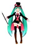  1girl asougi1056 belt boots bowtie chain gloves green_eyes green_hair hat hatsune_miku knee_boots long_hair magician open_mouth skirt solo thighhighs top_hat twintails very_long_hair vocaloid wand watch white_background 