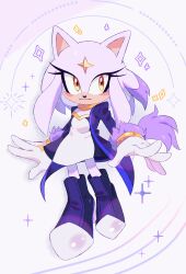  absurdres animal_nose blue_coat borrowed_character cat_girl coat dress full_body furry furry_female gloves highres nymph_the_cat_(einelitas) orange_eyes original purple_fur purple_hair purple_shoes ririkuma0530 shoes smile two-tone_dress white_gloves 