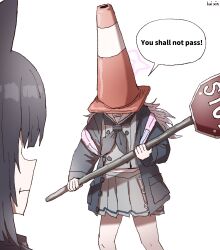  2girls absurdres animal_ears artist_name blue_archive closed_mouth commentary english_text feet_out_of_frame grey_shirt grey_skirt halo highres holding kai_xin long_hair long_sleeves miniskirt multiple_girls neckerchief parody pink_hair pleated_skirt pout reisa_(blue_archive) road_sign sailor_collar school_uniform shirt sign simple_background skirt speech_bubble stop_sign symbol-only_commentary the_lord_of_the_rings tolkien's_legendarium traffic_cone traffic_cone_on_head white_background white_sailor_collar 