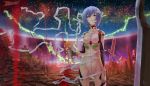  ayanami_rei bandage bandages blue_hair bodysuit breasts flower flowers heiyuen highres lance_of_longinus neon_genesis_evangelion plugsuit pyramid red_eyes short_hair solo space star_(sky) stars weapon 