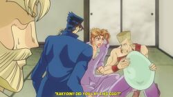  4boys back bare_shoulders beard chain clamp_(circle) clenched_teeth colorized commentary earrings egg english_commentary english_text facial_hair fake_screenshot gakuran hat highres holding holding_egg indoors jean_pierre_polnareff jewelry jojo_no_kimyou_na_bouken joseph_joestar kakyoin_noriaki kujo_jotaro lady-jotaro long_sleeves male_focus multiple_boys open_mouth school_uniform sitting stardust_crusaders sweatdrop teeth wristband 
