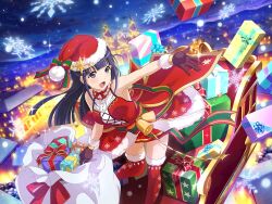 1girl bell blue_eyes blue_hair blunt_bangs blunt_ends brown_gloves christmas christmas_present city_lights dress game_cg gift gloves hat jingle_bell long_hair looking_at_viewer official_art open_mouth outstretched_arm red_dress red_hat red_thighhighs sack santa_costume santa_hat shoujo_kageki_revue_starlight shoujo_kageki_revue_starlight_-re_live- sleeveless sleeveless_dress sleigh snowflakes solo standing standing_on_one_leg thigh-highs tsuyuzaki_mahiru 