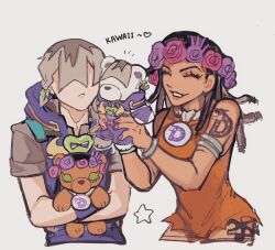  1boy 1girl :t ^_^ armband black_hair braid brother_and_sister character_doll closed_eyes dark-skinned_female dark_skin doll dragona_joestar dreadlocks green_eyes grey_hair hair_ornament hair_over_eyes highres hooded_overalls jodio_joestar jojo_no_kimyou_na_bouken male_focus naru_tomaki orange_romper romper siblings side_braid single_braid stuffed_animal stuffed_toy teddy_bear the_jojolands 