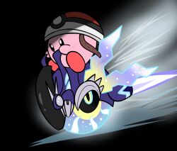  1other black_background colored_skin commentary_request glowing glowing_eye handlebar helmet highres hologram kirby kirby_(series) kirby_air_ride kirby_air_riders koraidon motor_vehicle motorized_unicycle on_unicycle pink_skin poke_ball pokemon red_shoes redny riding shoes simple_background solo unbuttoned v-shaped_eyebrows wheel wheelie_(kirby) 