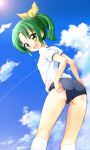  absurdres buruma cloud clouds fang green_eyes green_hair gym_uniform highres midorikawa_nao natsupa open_mouth panties panties_under_buruma ponytail precure sky smile_precure! solo underwear white_panties 