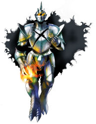  1boy armor armored_skirt breastplate commentary damaged fire fireball flaming_eyes full_body funbolt gauntlets greaves gundam helmet humanization knee_armor knight looking_at_viewer mixed-language_commentary no_pupils redesign shadow shoulder_armor simple_background sketch solo spiked_helmet turn_a_gundam turn_x walking_towards_viewer white_background x_(symbol) yellow_eyes 