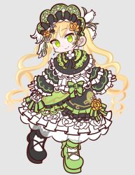  1girl blonde_hair bonnet closed_mouth dress flower flower-trimmed_dress frilled_dress frilled_sleeves frills full_body green_bonnet green_dress green_eyes green_shoes grey_background hair_flower hair_ornament lolita_fashion long_hair long_sleeves looking_at_viewer mahou_shoujo_no_majo_saiban parody puyopuyo shinmon_akika shoes simple_background smile solo standing style_parody takenami_hideyuki_(style) tono_hanna twintails 