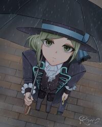  1girl absurdres artist_name ascot black_boots black_coat black_hat black_pants black_umbrella black_vest blue_bow boater_hat boots bow brick_floor closed_mouth coat commentary from_above full_body grey_eyes grey_hair hair_bun hat hat_bow highres holding holding_suitcase holding_umbrella looking_at_viewer looking_up pants rain reverse:1999 roxs_(roxss29) shirt short_hair signature single_side_bun solo standing suitcase umbrella umbrella_over_shoulder vertin_(reverse:1999) vest white_ascot white_shirt 