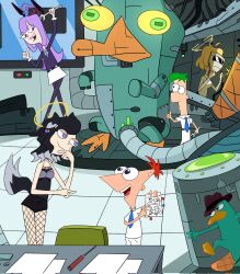  2boys 3girls alternate_art_style animal_ears belt black_belt black_hair black_jacket blonde_hair blue_archive blue_necktie blunt_bangs collared_shirt commentary creammilk_tea crossover dog_ears dog_girl dog_tail engineering_department_(blue_archive) english_commentary fedora ferb_fletcher fishnet_pantyhose fishnets hair_between_eyes halo hat hibiki_(blue_archive) highres holding holding_paper holding_wrench indoors jacket kotori_(blue_archive) long_hair long_sleeves mixed-language_commentary multiple_boys multiple_girls necktie pantyhose paper parted_bangs perry_the_platypus phineas_and_ferb phineas_flynn platypus purple_hair robot school_uniform shirt sidelocks skirt tail thumbs_up toon_(style) utaha_(blue_archive) violet_eyes welding welding_mask welding_torch white_shirt white_skirt wrench 