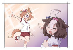 >_< 2girls ;d ahoge animal_ears beer_hsk brown_hair closed_eyes commentary_request crown feet_out_of_frame glint gym_shirt gym_shorts gym_uniform hair_between_eyes hairband high_heels horse_ears horse_girl horse_tail meisho_doto_(umamusume) mini_crown multicolored_hair multiple_girls one_eye_closed pink_hairband puffy_short_sleeves puffy_sleeves red_shorts shirt shoes short_hair short_sleeves shorts smile socks sparkle_background standing standing_on_one_leg t.m._opera_o_(umamusume) tail two-tone_hair umamusume violet_eyes white_hair white_shirt white_shoes white_socks 
