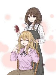  2girls alternate_costume black_dress blonde_hair bow brown_eyes brown_skirt buttons chair closed_eyes collared_shirt commentary cowboy_shot dress hair_bow hair_brush hands_in_another's_hair highres holding holding_hair_brush kashiwada_kiiho long_hair long_sleeves maribel_hearn medium_hair multiple_girls neck_ribbon no_headwear open_mouth purple_shirt red_ribbon ribbon shirt signature sitting skirt standing symbol-only_commentary touhou usami_renko white_bow white_shirt 