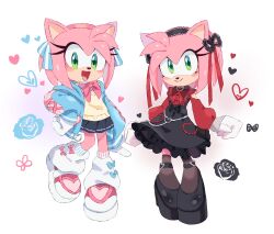  1girl alternate_costume amy_rose black_shoes black_skirt black_socks blue_jacket bow bowtie cardigan furry furry_female green_eyes hairband highres jacket lace-trimmed_hairband lace_trim looking_at_viewer loose_socks multiple_views pink_bow pink_bowtie pink_hair pink_hairband pink_shoes red_shirt ririkuma0530 school_uniform shirt shoes simple_background skirt smile socks sonic_(series) white_background 