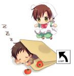  ahoge apron axis_powers_hetalia blush bowtie brown_hair chibi child clenched_hands closed_eyes english folder food frown green_eyes head_rest jumping lowres male military military_uniform multiple_boys open_mouth simple_background sleeping south_italy_(hetalia) southern_italy_(hetalia) spain_(hetalia) tomato uniform vegetable white_background young z 