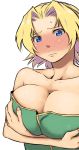  1girl bare_shoulders blonde_hair blue_eyes blush breast_hold breasts cleavage crossed_arms final_fantasy final_fantasy_tactics full-face_blush large_breasts monk monk_(fft) short_hair solo sweatdrop tsukudani_(coke-buta) 
