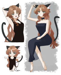  :3 ;o absurdres acorn_pendant animal_ears arm_up armpits bare_arms bare_shoulders barefoot black_choker black_dress black_tail cat_ears cat_girl cat_tail chibi chibi_inset choker cropped_torso dress druvis_iii full_body green_eyes hand_on_own_ear highres invisible_chair kemonomimi_mode long_dress long_hair looking_up mana_(t5a1il) multiple_views one_eye_closed orange_hair outstretched_arms reverse:1999 side_slit sitting sleeveless sleeveless_dress spread_arms standing strapless strapless_dress tail triangle_mouth upper_body very_long_hair white_background yawning 