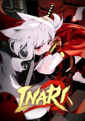  1girl animal_ear_fluff animal_ears armlet artist_request bare_shoulders barefoot copyright_name eyeliner feet foreshortening fox_ears fox_girl fox_tail gold_armlet hanging highres holding holding_sword holding_weapon inari_(game) izuna_(inari) jewelry kunai long_eyelashes long_hair looking_at_viewer makeup messy_hair motion_blur ninja official_art pale_skin red_eyeliner red_eyes red_scarf red_trim scarf sheath sheathed soles sparkling_eyes sword tail weapon weapon_in_mouth 