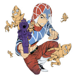  1boy absurdres animal_print argyle_clothes argyle_hat commentary guido_mista gun hat highres holding holding_gun holding_weapon jojo_no_kimyou_na_bouken midriff revolver sex_pistols_(stand) ssyoukyo_sori stand_(jojo) tiger_print turtleneck vento_aureo weapon white_background 