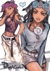  1girl alternate_costume arm_tattoo armlet bare_shoulders belt belt_buckle black_hair bracelet buckle commentary crop_top dark-skinned_female dark_skin dragona_joestar dreadlocks dual_persona green_eyes groin hair_ornament head_wreath highres jewelry jojo_no_kimyou_na_bouken looking_at_viewer midriff miniskirt naru_tomaki necklace skirt studded_belt symbol-only_commentary tattoo the_jojolands 