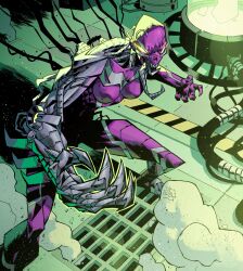  1girl absurdres bodysuit breasts commentary cyborg english_commentary exposed_internal_machinery highres laboratory leo_chiola marvel marvel_snap medium_breasts monster_girl official_art open_mouth purple_bodysuit scorn_(marvel) slime_girl solo symbiote 