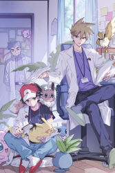  3boys 88_(einnimnech) baseball_cap beak bird black_hair black_pants black_shirt blue_eyes blue_oak blue_pants brown_eyes brown_hair brown_pants chair closed_eyes closed_mouth coat commentary_request eevee floating grey_hair hat highres holding holding_brush holding_paper id_card jigglypuff lab_coat lanyard mew_(pokemon) multiple_boys oddish on_chair on_floor on_shoulder open_clothes open_coat open_mouth pants paper pidgey pikachu plant pokemon pokemon_(creature) pokemon_on_shoulder poliwag potted_plant professor_oak purple_shirt red_(pokemon) red_eyes red_hat shirt shoes short_hair short_sleeves sitting smile spiky_hair swivel_chair white_coat wings 