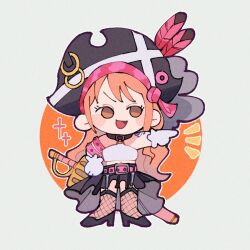  1girl arm_tattoo black_shoes chibi circle commentary fishnet_thighhighs fishnets hat high_heels highres long_hair looking_to_the_side nami_(one_piece) notice_lines one_piece one_piece_film:_red orange_eyes orange_hair pirate_hat shoes skirt smile sword tattoo thigh-highs weapon yingchencat 